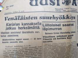 Uusi Aura, 12.6.1944, Venäläisten suurhyökkäys Karjalan kannaksella jatkuu herkeämättä - 60 viholliskonetta pudotettu - Normandiassa taistellaan kiihkeästi, ym.