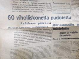 Uusi Aura, 12.6.1944, Venäläisten suurhyökkäys Karjalan kannaksella jatkuu herkeämättä - 60 viholliskonetta pudotettu - Normandiassa taistellaan kiihkeästi, ym.