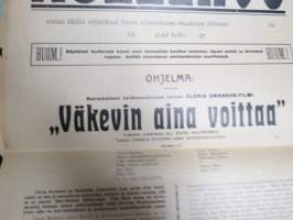 Suomen vanhin matkustava elokuvien teatteri Kullervo... teltassa &quot;Väkevin aina voittaa&quot;, hyvää soittoa harmonikalla -elokuvajuliste mykkäfilmiajalta