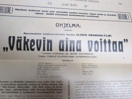 Suomen vanhin matkustava elokuvien teatteri Kullervo... teltassa &quot;Väkevin aina voittaa&quot;, hyvää soittoa harmonikalla -elokuvajuliste mykkäfilmiajalta