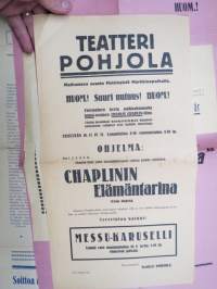 Teatteri Pohjola - Matkustava osasto Helsingistä Markkinapaikalla - Charlie Chaplin-filmi &quot;Chaplinin elämäntarina&quot; - Esitetään 16-17.4.1921 -elokuvajuliste