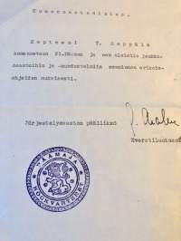 Päämaja - Komennustodistus 22.12.1939 - Kapteeni Y.Seppälä komennetaan 21.DE:aan saamiensa erikoisohjeiden mukaisesti - Päämajan leima