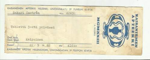 Kaisaniemen Apteekki  Helsinki  , resepti  signatuuri  1962