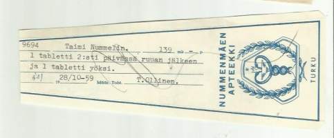 Nummenmäen Apteekki Turku  , resepti  signatuuri  1959