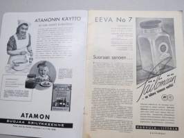 Eeva 1940 nr 7 kansikuva Kesäsiä kenttiä, Herrat vastaavat, Kuuluisuuden kirous, Tervehdyksiä, Sota-avioliitto, Iso kuppi kahvia, Mitä sanoo siihen Amerikka?, ym.