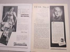 Eeva 1938 nr 4 Tuleeko tähä  minun kuvani?, Mitä kaunis nainen näki kenkätehtaassa..., Kevät on, Rakkauskirje on kuollut, Keisarinnan pöytänaapureina, ym.