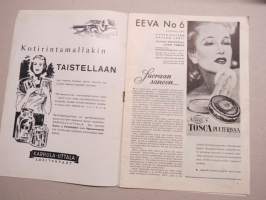 Eeva 1943 nr  6 kansikuva Kauneuskuningatar rouva Sirkka Salonen-Vartia suomalaisessa pumpulikävelypuvussa, Mies ja kevät, Mitä teillä on sydämmellänne?, ym.