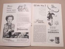Eeva 1949 nr 2 kansikuva Rouva Sylvi Rydman, Nainen ja kauneus, Ikuisia kulkureita, Kauppakorkeakoulun oma talo valmstuu, Bussilla Pariisista Helsinkiin, ym.