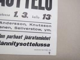 Ruotsi-Suomi jäärata (jääspeedway) maaottelu Turun urheilupuistossa 1.3.1959 Bramberg, Andersson, Knuttson, Pajari, Jousanen, Seliverstow -juliste / poster