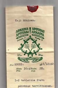 Arkadian Apteekki Helsinki  - resepti signatuuri  apteekki pussi 1942