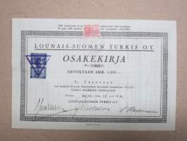 Lounais-Suomen Turkis Oy, Turku, 1 osake 1 000 mk, nr 479, 15.2.1944, G. Hasenson -osakekirja -share certificate