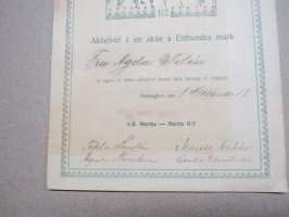 Ab Martha - Martta Oy, Helsinki 1918, 100 mk, nr 756 Agda Wilén, allekirjoittajat Maissi Erkko, Tekla Lampén, Agnes Backman, Gerda Ehrstedt -osakekirja / share cert