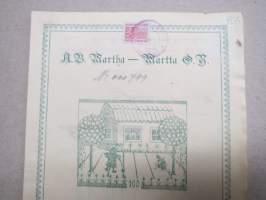 Ab Martha - Martta Oy, Helsinki 1918, 100 mk, nr 749 Agda Wilén, allekirjoittajat Maissi Erkko, Tekla Lampén, Agnes Backman, Gerda Ehrstedt -osakekirja / share cert