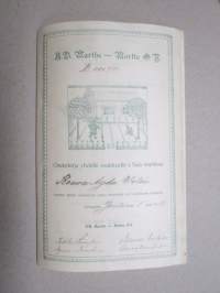 Ab Martha - Martta Oy, Helsinki 1918, 100 mk, nr 749 Agda Wilén, allekirjoittajat Maissi Erkko, Tekla Lampén, Agnes Backman, Gerda Ehrstedt -osakekirja / share cert