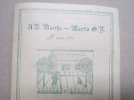Ab Martha - Martta Oy, Helsinki 1918, 100 mk, nr 749 Agda Wilén, allekirjoittajat Maissi Erkko, Tekla Lampén, Agnes Backman, Gerda Ehrstedt -osakekirja / share cert