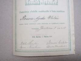 Ab Martha - Martta Oy, Helsinki 1918, 100 mk, nr 749 Agda Wilén, allekirjoittajat Maissi Erkko, Tekla Lampén, Agnes Backman, Gerda Ehrstedt -osakekirja / share cert