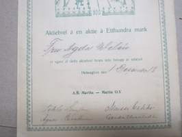 Ab Martha - Martta Oy, Helsinki 1918, 100 mk, nr 750 Agda Wilén, allekirjoittajat Maissi Erkko, Tekla Lampén, Agnes Backman, Gerda Ehrstedt -osakekirja / share cert