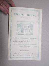 Ab Martha - Martta Oy, Helsinki 1918, 100 mk, nr 750 Agda Wilén, allekirjoittajat Maissi Erkko, Tekla Lampén, Agnes Backman, Gerda Ehrstedt -osakekirja / share cert