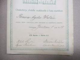 Ab Martha - Martta Oy, Helsinki 1918, 100 mk, nr 750 Agda Wilén, allekirjoittajat Maissi Erkko, Tekla Lampén, Agnes Backman, Gerda Ehrstedt -osakekirja / share cert