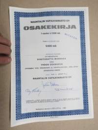 Naantalin Vapaavarasto Oy, Naantali 14.4.1982, 1 osake á 5 000 mk, nr 188 Naantalin kaupunki -osakekirja / share certificate