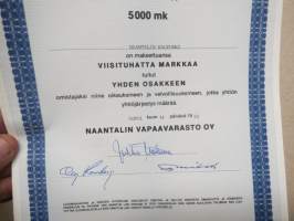 Naantalin Vapaavarasto Oy, Naantali 14.4.1982, 1 osake á 5 000 mk, nr 188 Naantalin kaupunki -osakekirja / share certificate