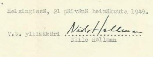 Niilo Hallman  nimikirjoitus asiakirjalla 1949- firmalomake