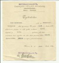 Hellas Oy Makeistehdas / Huhtamäki Oy työtodistus 1921  - firmalomake