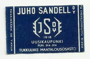 Juho Sandell Uusikaupunki -  tulitikkuetiketti