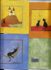 Tuija Vihermaa Design Handpainted - 4 kpl kissa-aiheista käsin painettua kangastyötä  15x15 cm