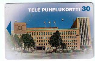 Tele puhelinkortti  v. 1996 / 30 mk.  Valokuva pääpostitalo Helsinki. Keräilijäpalvelun puh. numeroita kortin takana.