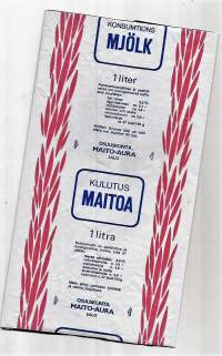 Maito-Aura  Salo - Kulutusmaitoa, maitopussi, muovipussi avattu tuotepakkaus, 1960-70