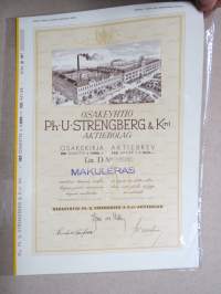 Ph. U. Strengberg &amp; Kni, Pietarsaari, 1941, Litt. D 100 osaketta / aktier 1 000 mk -osakekirja - aktiebrev / share certificate