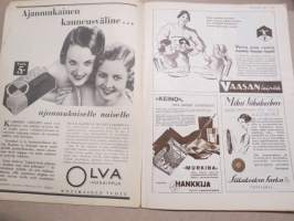 Kotiliesi 1933 nr 8, kansikuva Rudolf Koivu, Loitonneet puolisot, Miten naisen työ kuvastuu Suomen taiteessa, Viljelkää sipulia siemenestä, Ruusunkukkia, ym.