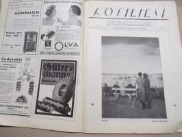 Kotiliesi 1933 nr 9, kansikuva Rudolf Koivu,Heikkoa sukukuntaa näin kasvatetaan, Nykyaikaisia ovia, Lasten vapputouhua, Kohtuusko vai ehdottomuus?, ym.
