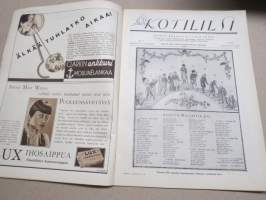 Kotiliesi 1934 nr 7, kansikuva Rudolf Koivu, Risti ja toivo, Kuistin kalustaminen, Vanhoja ja uusia monivuotisia kukkia, Pukua sovitellaan uudelleen, ym.