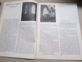 Kotiliesi 1934 nr 7, kansikuva Rudolf Koivu, Risti ja toivo, Kuistin kalustaminen, Vanhoja ja uusia monivuotisia kukkia, Pukua sovitellaan uudelleen, ym.