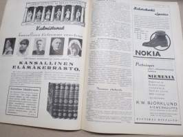 Kotiliesi 1934 nr 7, kansikuva Rudolf Koivu, Risti ja toivo, Kuistin kalustaminen, Vanhoja ja uusia monivuotisia kukkia, Pukua sovitellaan uudelleen, ym.