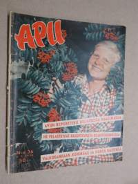 Apu 1958 nr 36, Avun reportterit hiljaisessa maailmassa, He pelastuivat räjähtävästä reaktiokoneesta, Valkokankaan kuningas ja hänen naisensa, Hiljainen maailma, ym.