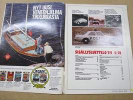 Tekniikan Maailma 1978 nr 9, TM-25 Dodge Aspen poliisille, Minitrial, Kanootti-varusteet, Hourupää ruotsalainen, Erilainen rengastesti, Murheet ovat muistoja vain...