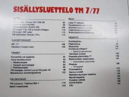 Tekniikan Maailma 1977 nr 7, Täydelliset veneen paikkaus- ja maalaus-ohjeet, Koe ajoissa Mazda 323, Setsemän sortin leijakisa 77, Kanootilla vai kajakilla?, ym.