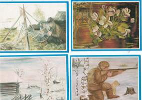 Taiteilija postikortteja 4 kpl  öljymaalauksista:  Ateljee Röpeter &quot; Huvikumpu&quot; . Iisalmi. Taittokortteja kulkemattomia  ( Röpeter Hämäläinen) Kuoret mukana.