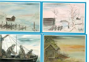 Taiteilijapostikortteja 4 kpl öljymaalauksista : Ateljee &quot; Huvikumpua&quot; Iisalmi. ( Röpeter Hämäläinen)