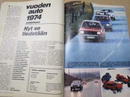 Tekniikan Maailma 1974 nr 1, Vuoden auto 1974 pohjolassa, Tiedon paloista sukellusveneeksi, Milloin kosmonautit lentävät kuuhun,Jokapäiväiset jätteet kevytsoraksi,ym