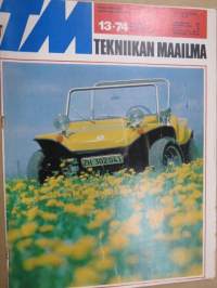 Tekniikan Maailma 1974 nr 13, Mitä tapahtui turvallisuusautolle?, General Motors gallialaisittain, Cyanolit - ja lasku viiteen, Swiss Buggy, ym.