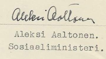 Aleksi Aaltonen ministeri  nimikirjoitus asiakirjalla 1950
