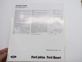Ford Escort 1100 Std, Escort 1300 De Luxe, Escort GT, Escort farmariauto 19?? -myyntiesite / sales brochure
