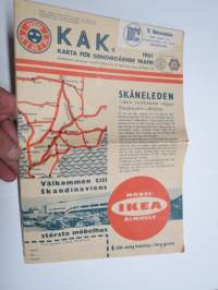 KAK´s karta för genomgående trafik 1961 Sverige - Möbel-IKEA Älmhult -road map