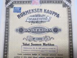 Nurmeksen Kauppaosakeyhtiö, Nurmes 1.12.1942, 1 000 mk, nr 1932 -osakekirja / share certificate