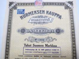 Nurmeksen Kauppaosakeyhtiö, Nurmes 1.12.1942, 1 000 mk, nr 1933 -osakekirja / share certificate