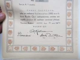 Ruukki Oy, Ruukki / Paavola, 30.11.1954, 1 osake 300 mk, nr 5570 -osakekirja / share certificate